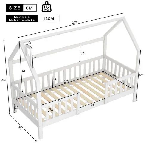 Lit Cabane Enfant 90x200cm En Bois Blanc Avec Barrières Et Sommier