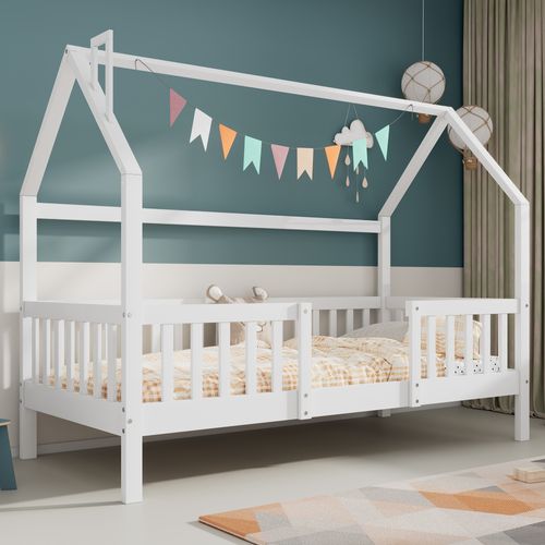 Lit Cabane Enfant 90x200cm En Bois Blanc Avec Barrières Et Sommier