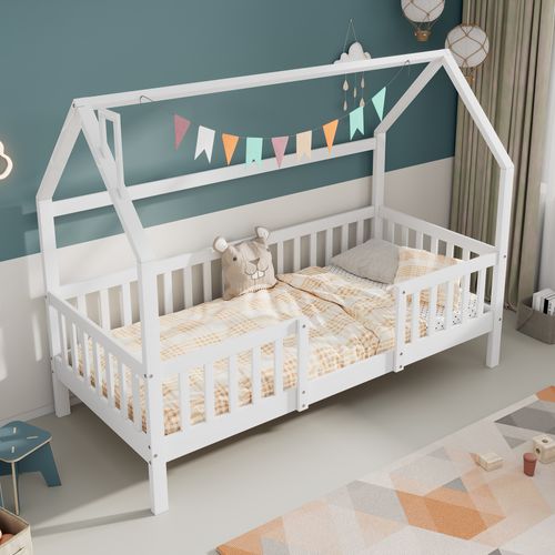 Lit Cabane Enfant 90x200cm En Bois Blanc Avec Barrières Et Sommier