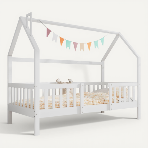 Lit Cabane Enfant 90x200cm En Bois Blanc Avec Barrières Et Sommier