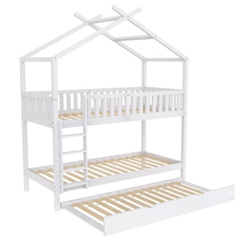 Lit Superposé 90x200 Cm, Lit Enfant, Lit 3 Personnes Avec Lit Gigogne, Blanc