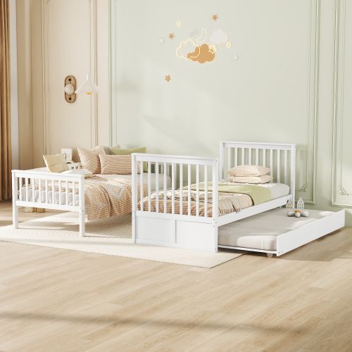 Lit Superposé 90x200 Cm, Lit Enfant, Lit 3 Personnes Avec Lit Gigogne, Garde-corps Hauts, Blanc