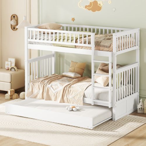 Lit Superposé 90x200 Cm, Lit Enfant, Lit 3 Personnes Avec Lit Gigogne, Garde-corps Hauts, Blanc