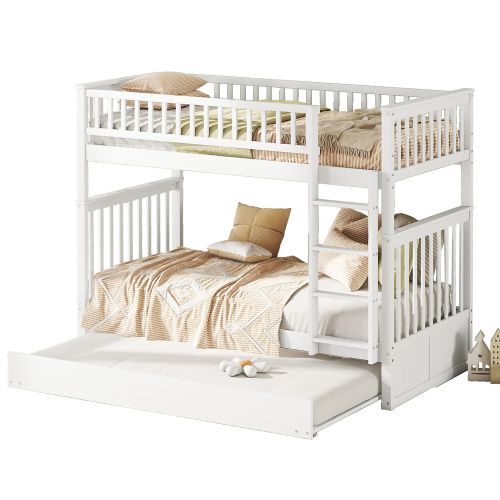 Lit Superposé 90x200 Cm, Lit Enfant, Lit 3 Personnes Avec Lit Gigogne, Garde-corps Hauts, Blanc