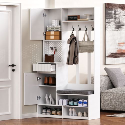 Vestiaire Blanc H.180cm, Meuble D'entrée Avec Banc, Tiroir Et Étagères à Chaussures