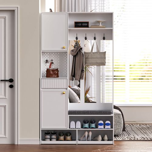 Vestiaire Blanc H.180cm, Meuble D'entrée Avec Banc, Tiroir Et Étagères à Chaussures