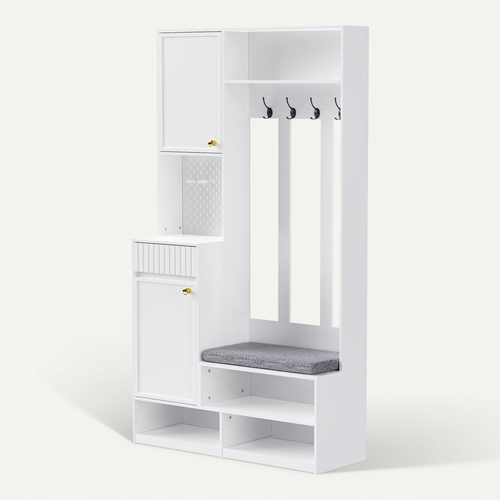 Vestiaire Blanc H.180cm, Meuble D'entrée Avec Banc, Tiroir Et Étagères à Chaussures