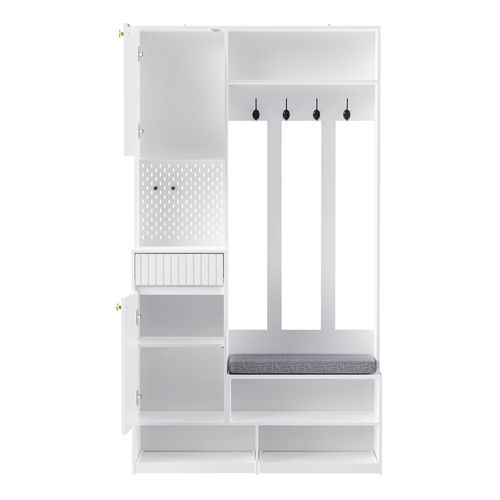 Vestiaire Blanc H.180cm, Meuble D'entrée Avec Banc, Tiroir Et Étagères à Chaussures