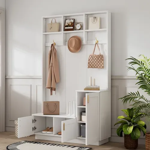 Vestiaire Meuble D’entrée Blanc Avec Étagère Réglable Et Rangement Fermé H.200cm