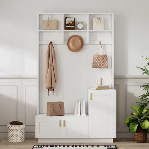 Vestiaire Meuble D’entrée Blanc Avec Étagère Réglable Et Rangement Fermé H.200cm
