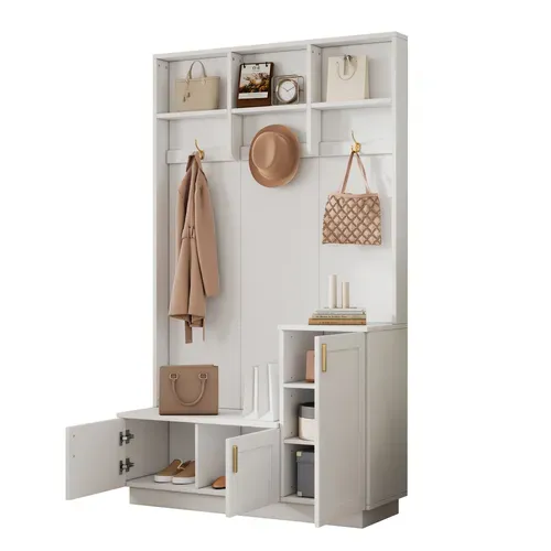 Vestiaire Meuble D’entrée Blanc Avec Étagère Réglable Et Rangement Fermé H.200cm