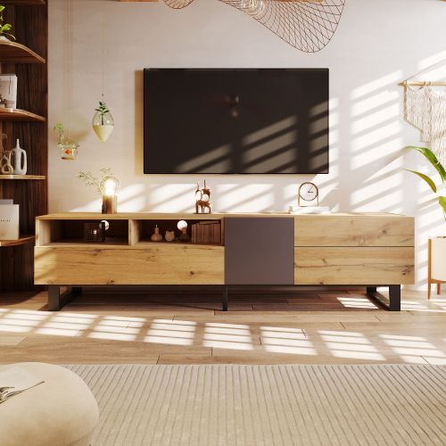 Meuble TV 180 Cm, Meuble TV Bois Avec 2 Rangements Ouverts Et 2 Tiroirs, Pieds En Métal