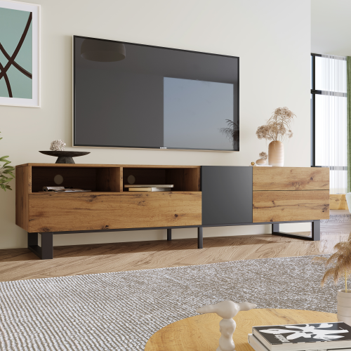 Meuble TV 180 Cm, Meuble TV Bois Avec 2 Rangements Ouverts Et 2 Tiroirs, Pieds En Métal