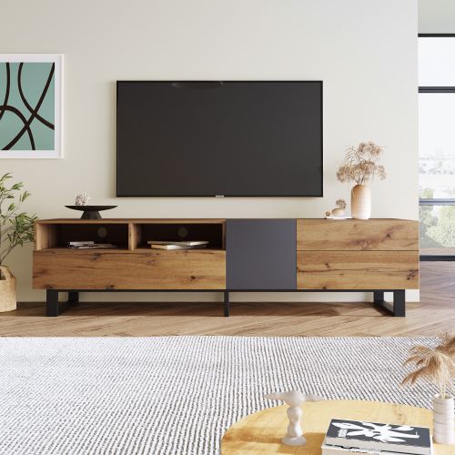 Meuble TV 180 Cm, Meuble TV Bois Avec 2 Rangements Ouverts Et 2 Tiroirs, Pieds En Métal