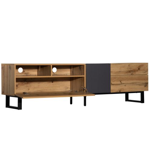 Meuble TV 180 Cm, Meuble TV Bois Avec 2 Rangements Ouverts Et 2 Tiroirs, Pieds En Métal