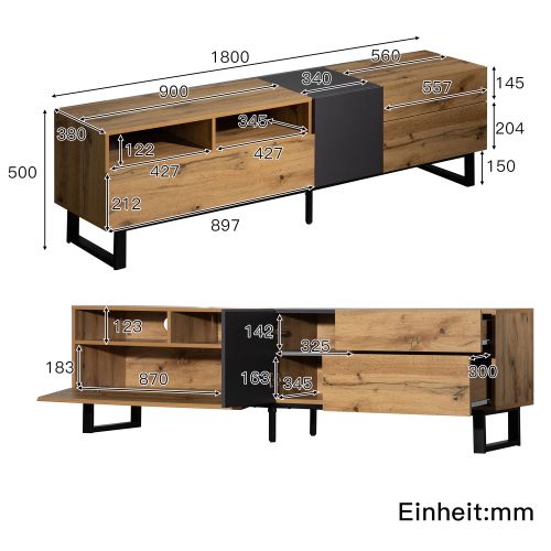 Meuble TV 180 Cm, Meuble TV Bois Avec 2 Rangements Ouverts Et 2 Tiroirs, Pieds En Métal