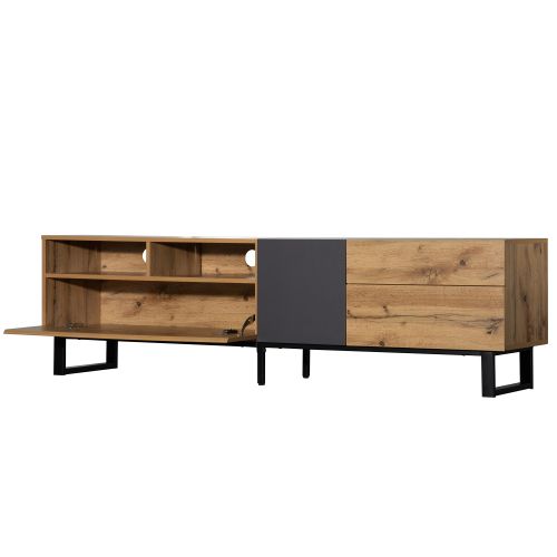 Meuble TV 180 Cm, Meuble TV Bois Avec 2 Rangements Ouverts Et 2 Tiroirs, Pieds En Métal