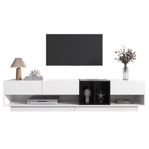 Meuble TV Blanc Et Noir, Meuble TV Bas Avec 3 Tiroirs, Compartiments