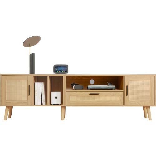 Meuble TV 180 Cm, Meuble TV En Bois Avec Décoration En Rotin, 2 Portes Et Un Tiroir