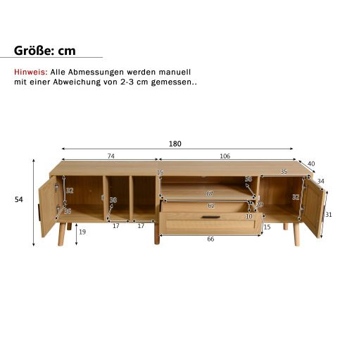 Meuble TV 180 Cm, Meuble TV En Bois Avec Décoration En Rotin, 2 Portes Et Un Tiroir