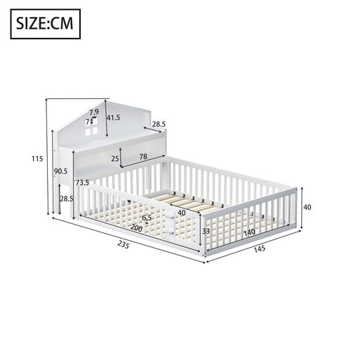 Lit Cabane Enfant 140x200cm En Bois Blanc Avec Barrières, Rangement Et Sommier