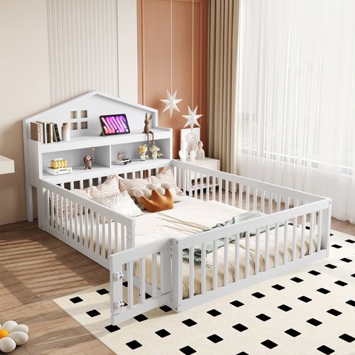 Lit Cabane Enfant 140x200cm En Bois Blanc Avec Barrières, Rangement Et Sommier