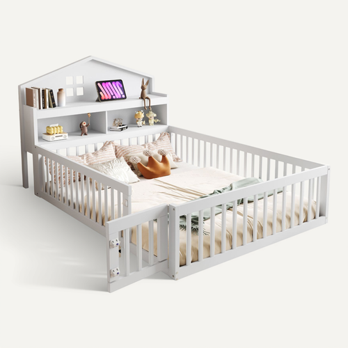 Lit Cabane Enfant 140x200cm En Bois Blanc Avec Barrières, Rangement Et Sommier