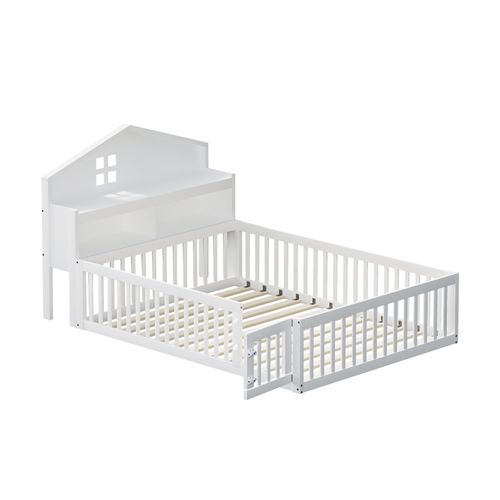 Lit Cabane Enfant 140x200cm En Bois Blanc Avec Barrières, Rangement Et Sommier