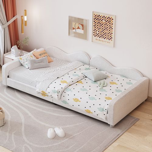 Lit Enfant 90x200cm, Lit Banquette En Tissu Teddy Blanc