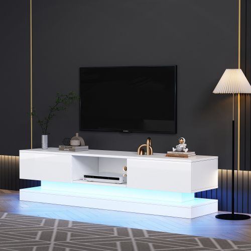 Meuble TV Blanc Brillant Avec Éclairage LED, 2 Tiroirs, 1 Compartiment Ouvert