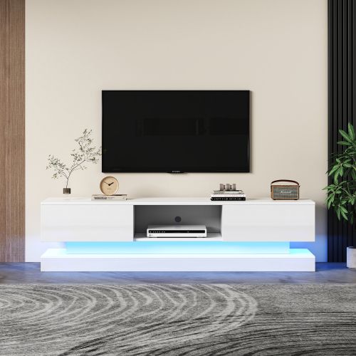 Meuble TV Blanc Brillant Avec Éclairage LED, 2 Tiroirs, 1 Compartiment Ouvert