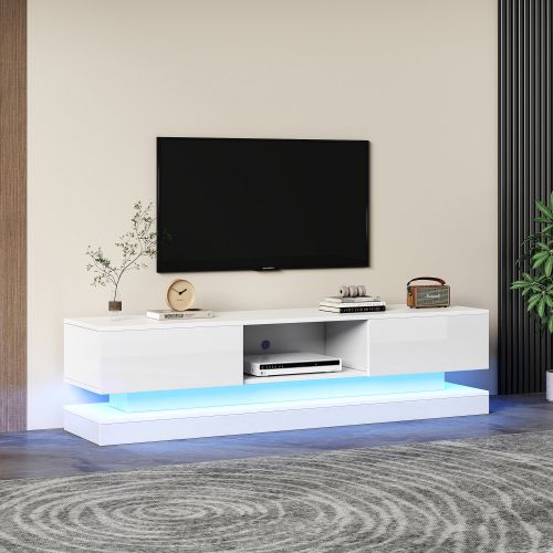 Meuble TV Blanc Brillant Avec Éclairage LED, 2 Tiroirs, 1 Compartiment Ouvert