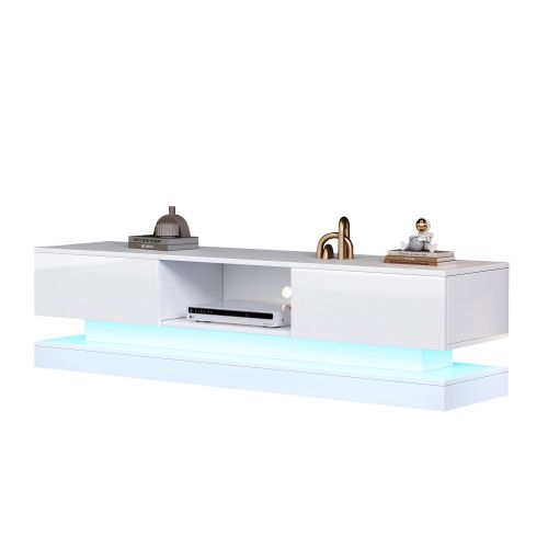 Meuble TV Blanc Brillant Avec Éclairage LED, 2 Tiroirs, 1 Compartiment Ouvert