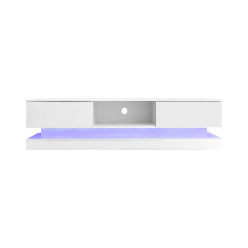 Meuble TV Blanc Brillant Avec Éclairage LED, 2 Tiroirs, 1 Compartiment Ouvert