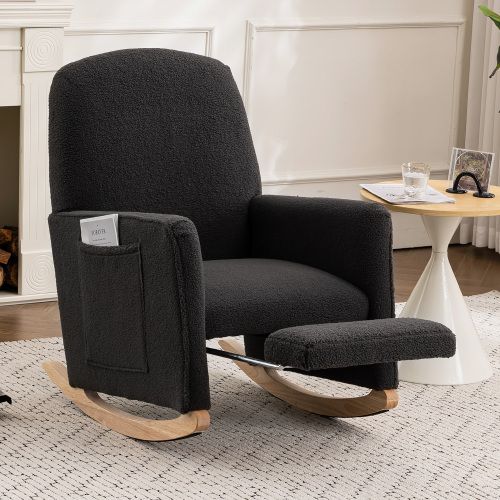 Rocking Chair, Fauteuil à Bascule En Tissu Teddy, Avec Repose-pieds Extensible, Sac Latéral, Noir