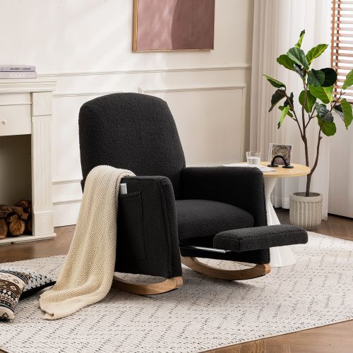 Rocking Chair, Fauteuil à Bascule En Tissu Teddy, Avec Repose-pieds Extensible, Sac Latéral, Noir