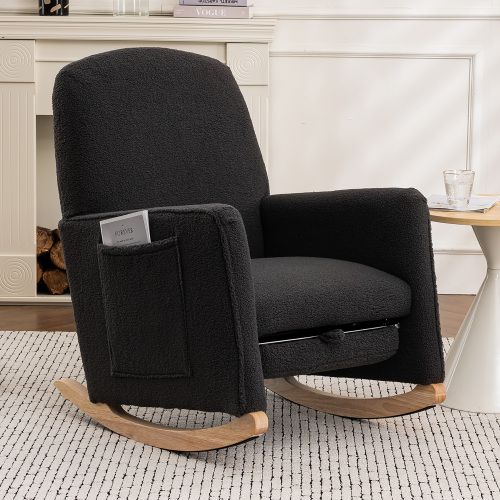 Rocking Chair, Fauteuil à Bascule En Tissu Teddy, Avec Repose-pieds Extensible, Sac Latéral, Noir