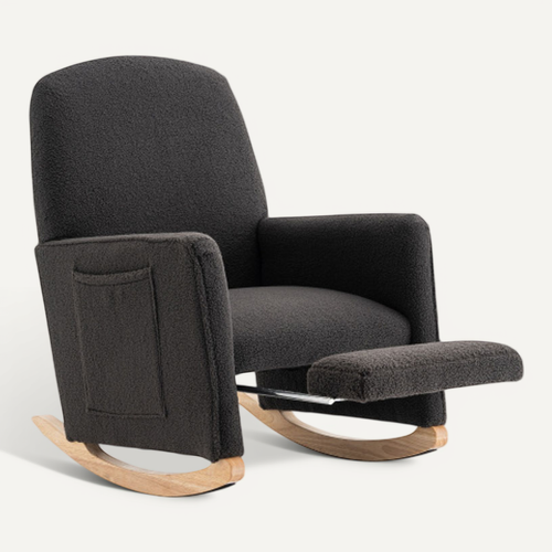 Rocking Chair, Fauteuil à Bascule En Tissu Teddy, Avec Repose-pieds Extensible, Sac Latéral, Noir
