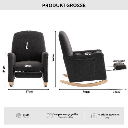 Rocking Chair, Fauteuil à Bascule En Tissu Teddy, Avec Repose-pieds Extensible, Sac Latéral, Noir