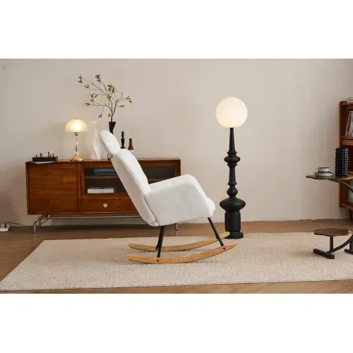 Rocking Chair, Fauteuil à Bascule En Tissu Teddy, Siège Rembourré, Blanc