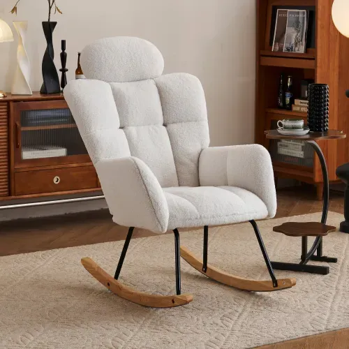 Rocking Chair, Fauteuil à Bascule En Tissu Teddy, Siège Rembourré, Blanc