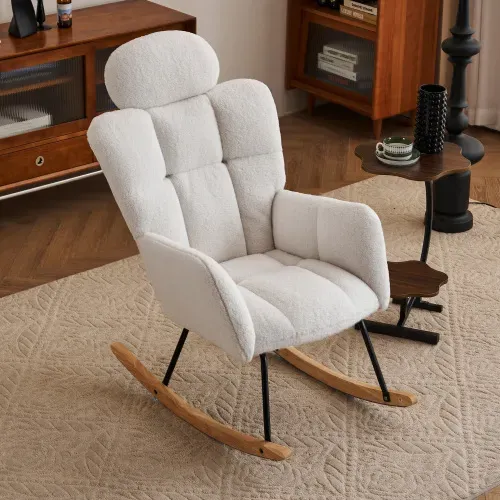 Rocking Chair, Fauteuil à Bascule En Tissu Teddy, Siège Rembourré, Blanc