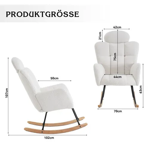 Rocking Chair, Fauteuil à Bascule En Tissu Teddy, Siège Rembourré, Blanc