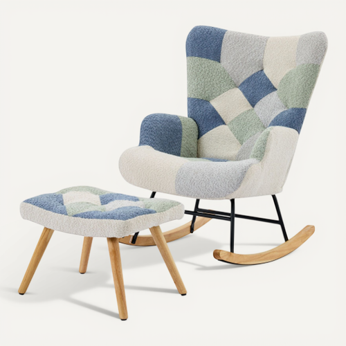 Rocking Chair, Fauteuil à Bascule Avec Repose-pieds, Couleurs Patchwork, Motif Pied-de-poule