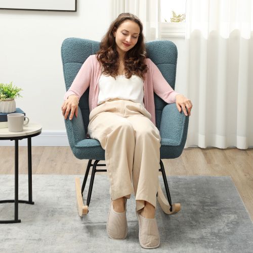 Rocking Chair, Fauteuil à Bascule En Polaire Berbère Avec Accoudoirs, Patins En Bois, Bleu Clair