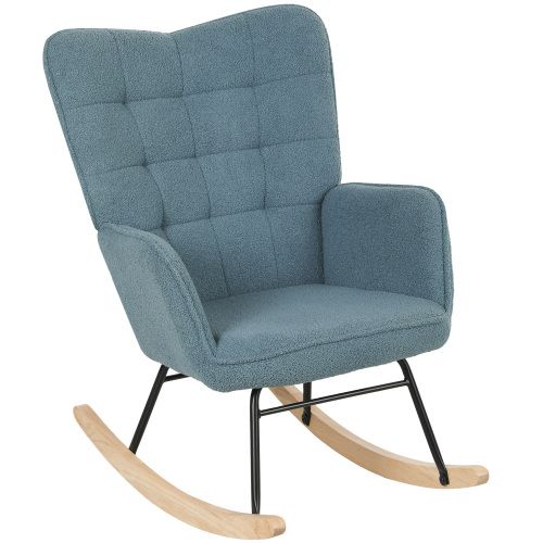 Rocking Chair, Fauteuil à Bascule En Polaire Berbère Avec Accoudoirs, Patins En Bois, Bleu Clair
