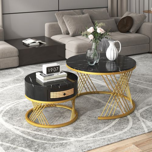 Lot De 2 Tables Basses Gigognes Rondes Noires Avec Tiroir En Rotin Synthétique, Cadre Doré