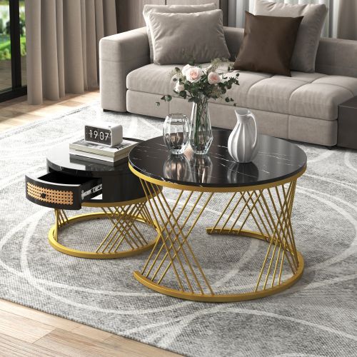 Lot De 2 Tables Basses Gigognes Rondes Noires Avec Tiroir En Rotin Synthétique, Cadre Doré
