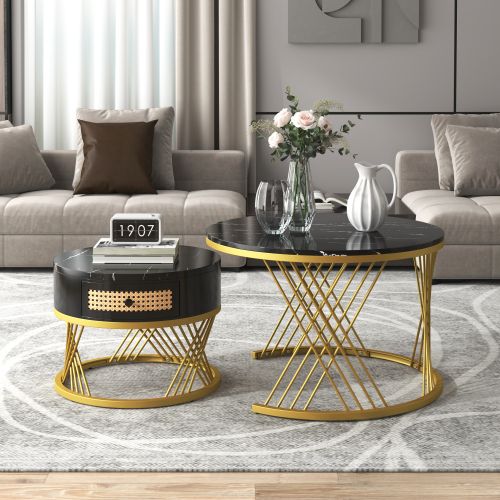 Lot De 2 Tables Basses Gigognes Rondes Noires Avec Tiroir En Rotin Synthétique, Cadre Doré