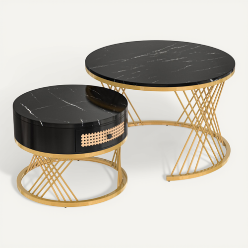Lot De 2 Tables Basses Gigognes Rondes Noires Avec Tiroir En Rotin Synthétique, Cadre Doré